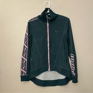Puma Dark Green Zip-Up Sweatshirt w Baby Pink Trim & Details - Size Small EUC
